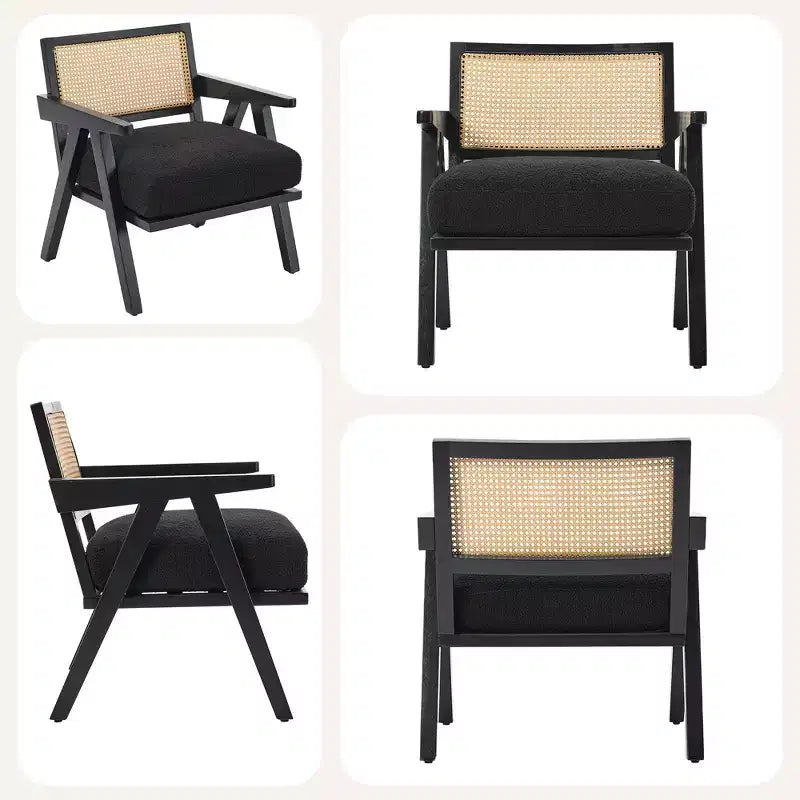 Poltrona d'accento Mid-Century beige/nera/grigia, schienale in rattan, posto singolo