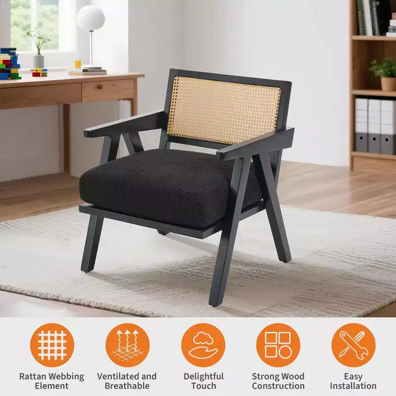 Poltrona d'accento Mid-Century beige/nera/grigia, schienale in rattan, posto singolo