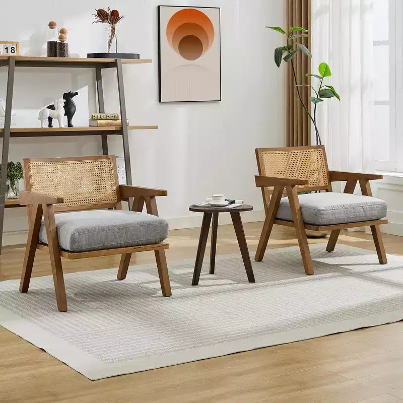 Poltrona d'accento Mid-Century beige/nera/grigia, schienale in rattan, posto singolo