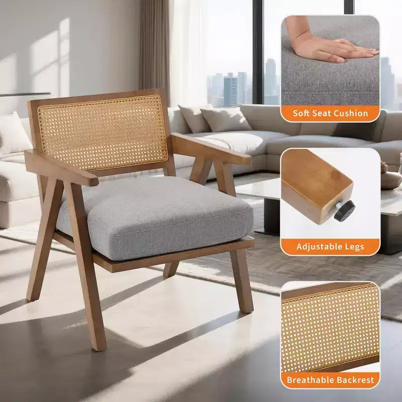 Poltrona d'accento Mid-Century beige/nera/grigia, schienale in rattan, posto singolo