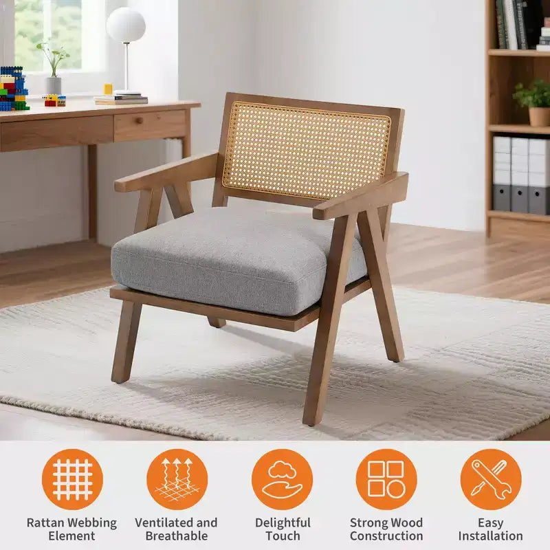 Poltrona d'accento Mid-Century beige/nera/grigia, schienale in rattan, posto singolo