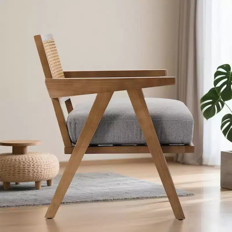 Poltrona d'accento Mid-Century beige/nera/grigia, schienale in rattan, posto singolo