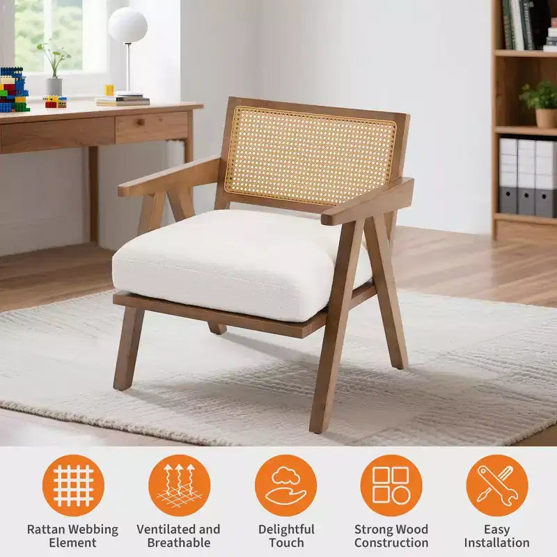 Poltrona d'accento Mid-Century beige/nera/grigia, schienale in rattan, posto singolo