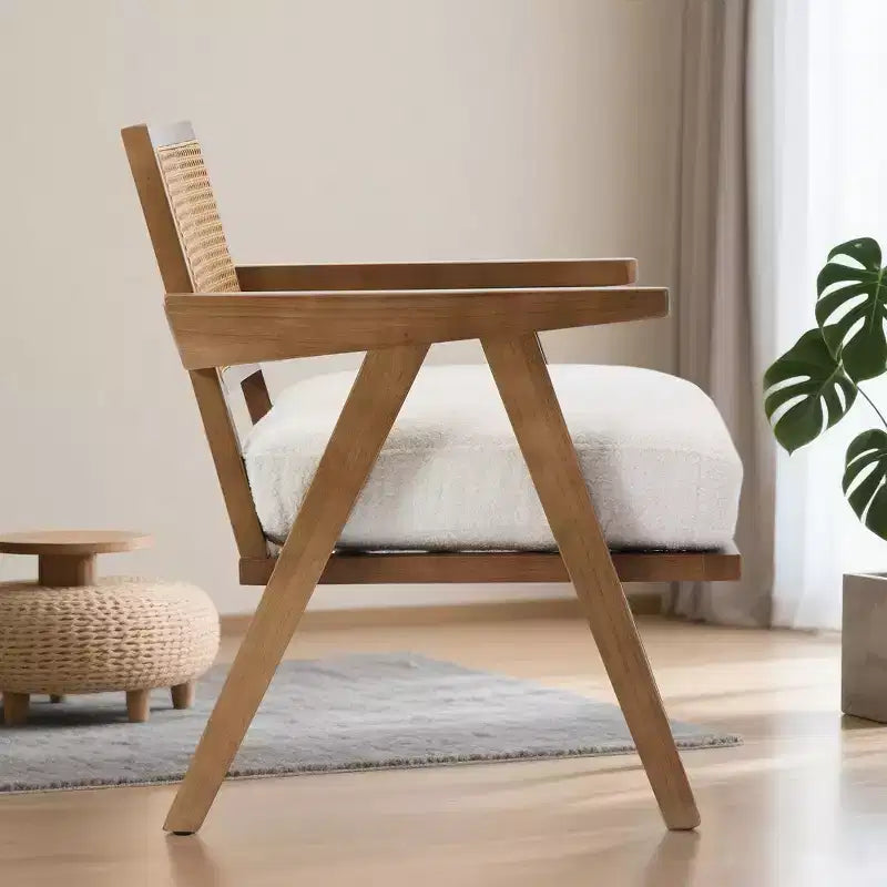 Poltrona d'accento Mid-Century beige/nera/grigia, schienale in rattan, posto singolo