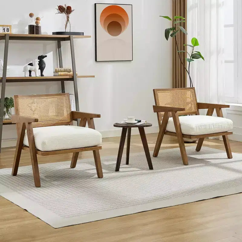 Poltrona d'accento Mid-Century beige/nera/grigia, schienale in rattan, posto singolo