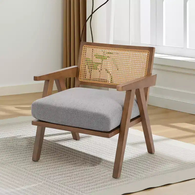 Poltrona d'accento Mid-Century beige/nera/grigia, schienale in rattan, posto singolo