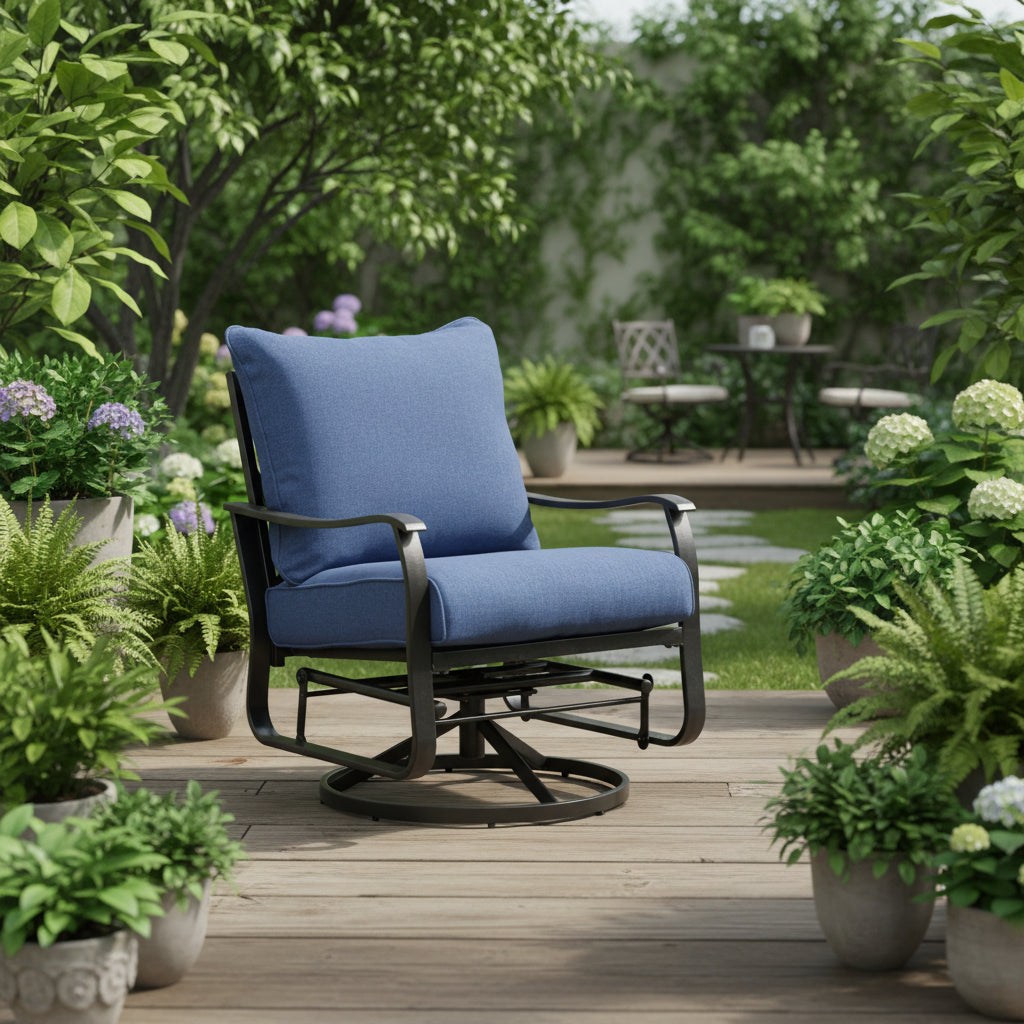 Royal Hampton Swivel Glider Armchair Set of 2, Navy Blue Cushion, Black Metal