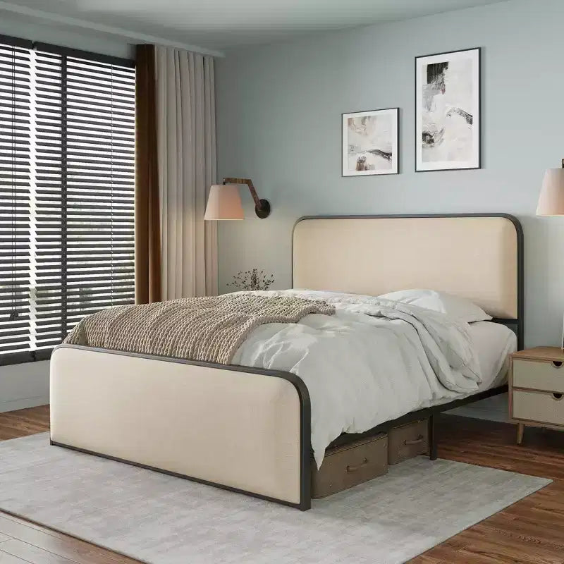 Whisen King Modern Metal Bed Frame with Upholstered Headboard and Storage