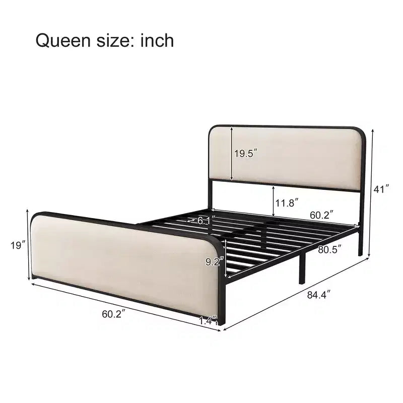 Struttura letto king-size in metallo con testiera curva imbottita e contenitore
