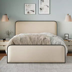 Struttura letto king-size in metallo con testiera curva imbottita e contenitore
