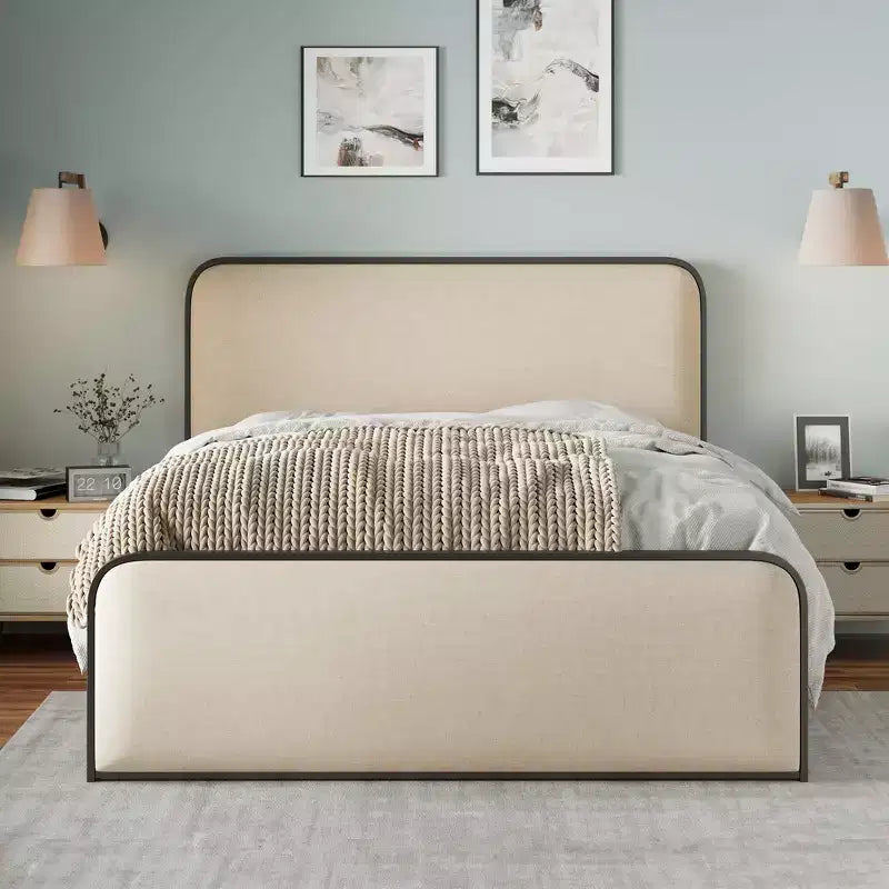 Struttura letto king-size in metallo con testiera curva imbottita e contenitore