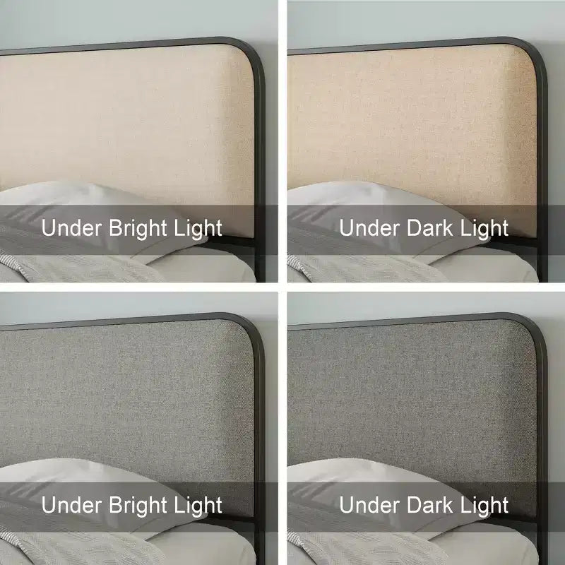 Struttura letto king-size in metallo con testiera curva imbottita e contenitore