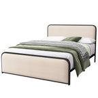 Struttura letto king-size in metallo con testiera curva imbottita e contenitore