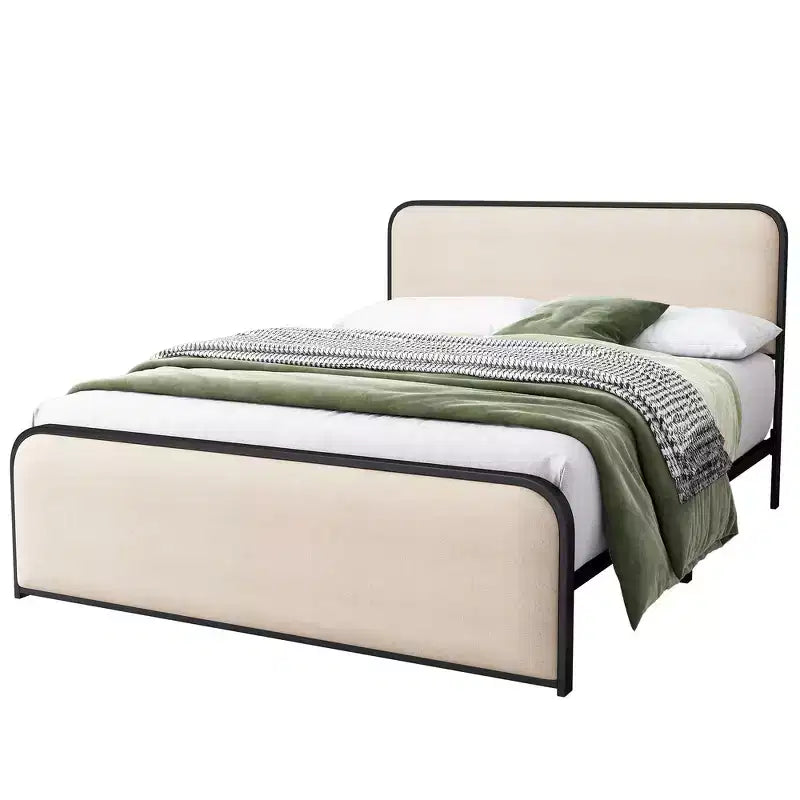 Struttura letto king-size in metallo con testiera curva imbottita e contenitore