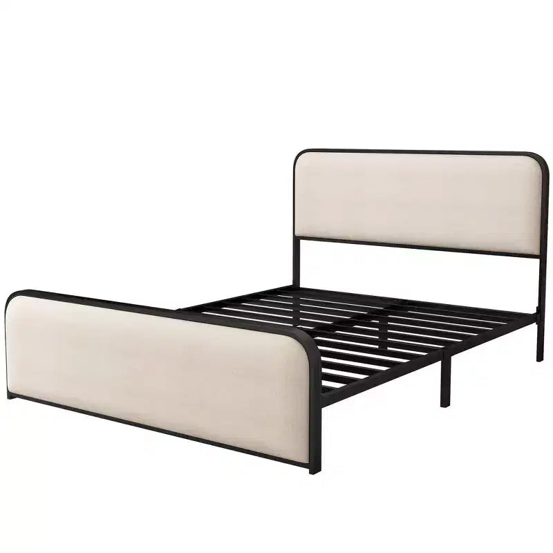 Struttura letto king-size in metallo con testiera curva imbottita e contenitore