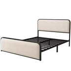 Struttura letto king-size in metallo con testiera curva imbottita e contenitore