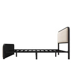 Struttura letto king-size in metallo con testiera curva imbottita e contenitore