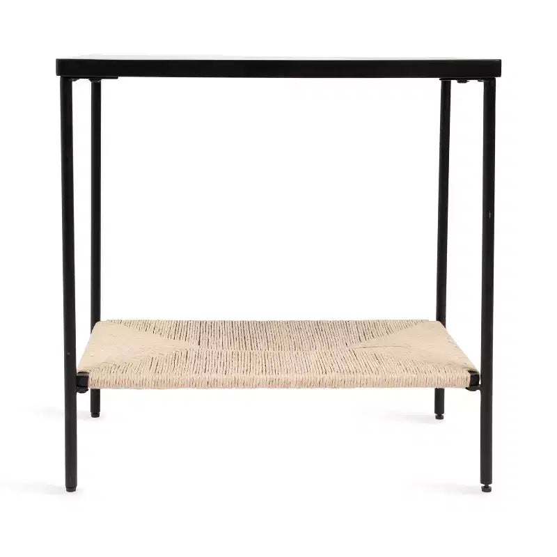 Tavolino in Legno di Mango e Fibra Naturale – 56x36x56 cm, Naturale e Nero