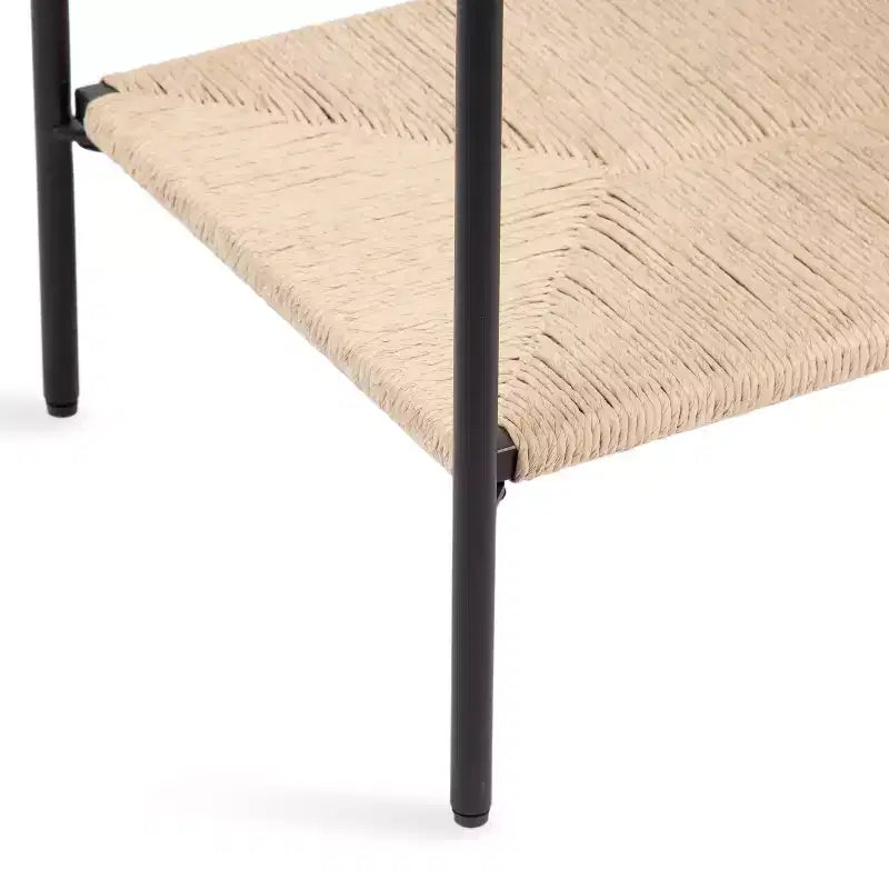 Tavolino in Legno di Mango e Fibra Naturale – 56x36x56 cm, Naturale e Nero