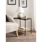 Tavolino in Legno di Mango e Fibra Naturale – 56x36x56 cm, Naturale e Nero