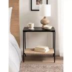 Tavolino in Legno di Mango e Fibra Naturale – 56x36x56 cm, Naturale e Nero