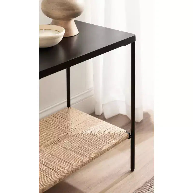 Tavolino in Legno di Mango e Fibra Naturale – 56x36x56 cm, Naturale e Nero