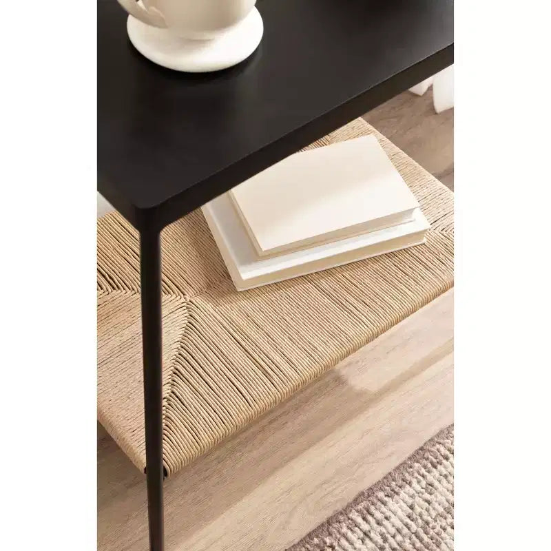 Tavolino in Legno di Mango e Fibra Naturale – 56x36x56 cm, Naturale e Nero