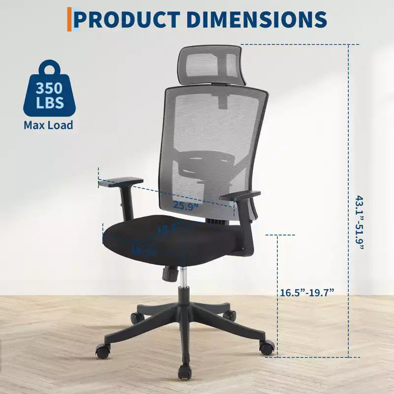 Sedia da ufficio a schienale alto in rete, colore nero/grigio, con braccioli, supporto lombare e poggiatesta regolabili, monoposto
