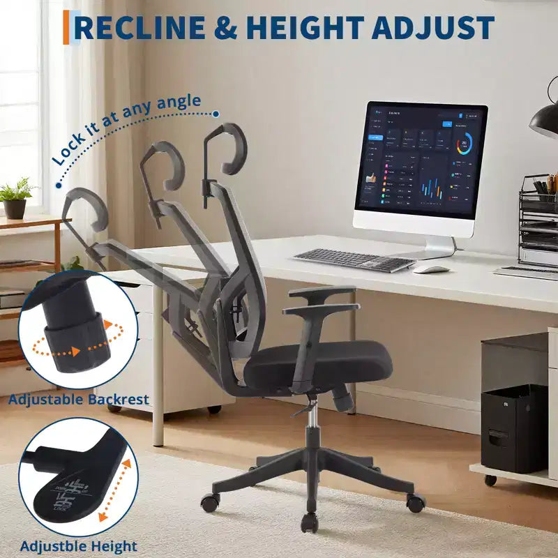 Sedia da ufficio a schienale alto in rete, colore nero/grigio, con braccioli, supporto lombare e poggiatesta regolabili, monoposto