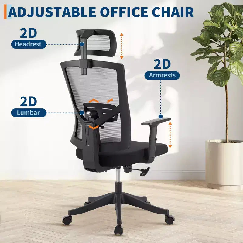 Sedia da ufficio a schienale alto in rete, colore nero/grigio, con braccioli, supporto lombare e poggiatesta regolabili, monoposto