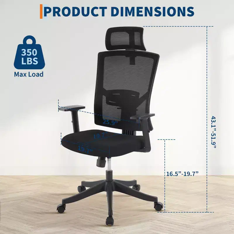 Sedia da ufficio a schienale alto in rete, colore nero/grigio, con braccioli, supporto lombare e poggiatesta regolabili, monoposto