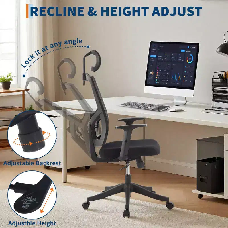 Sedia da ufficio a schienale alto in rete, colore nero/grigio, con braccioli, supporto lombare e poggiatesta regolabili, monoposto