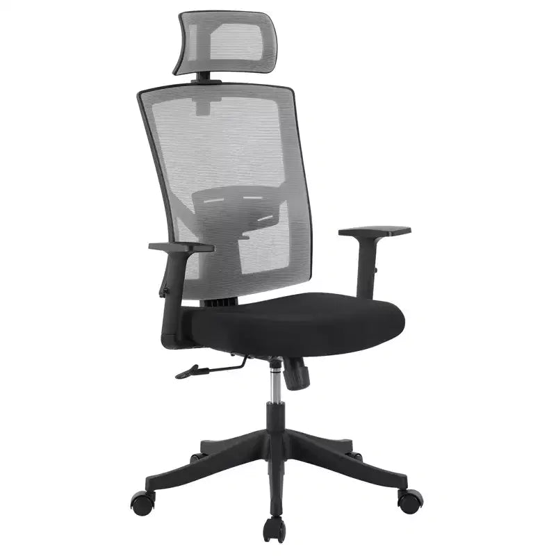 Sedia da ufficio a schienale alto in rete, colore nero/grigio, con braccioli, supporto lombare e poggiatesta regolabili, monoposto