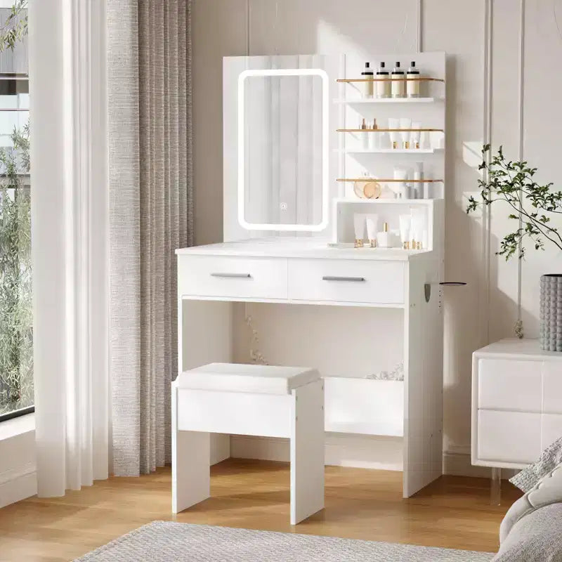 Set toeletta con specchio, Mobile trucco con 2 cassetti e ripiani a giorno, Armadietto, Toletta da camera da letto con sedia