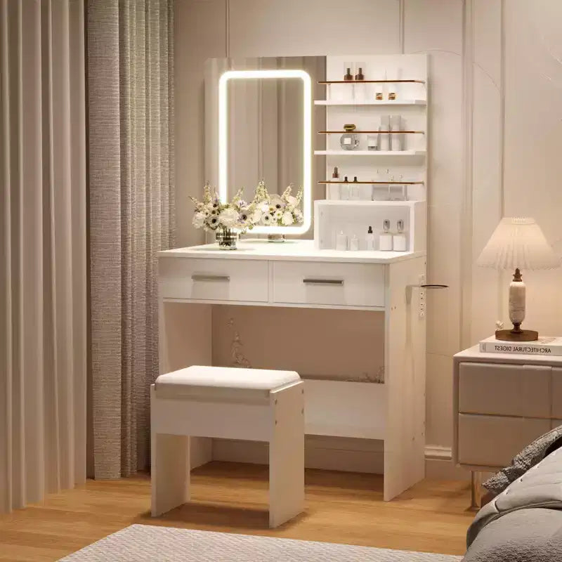 Set toeletta con specchio, Mobile trucco con 2 cassetti e ripiani a giorno, Armadietto, Toletta da camera da letto con sedia