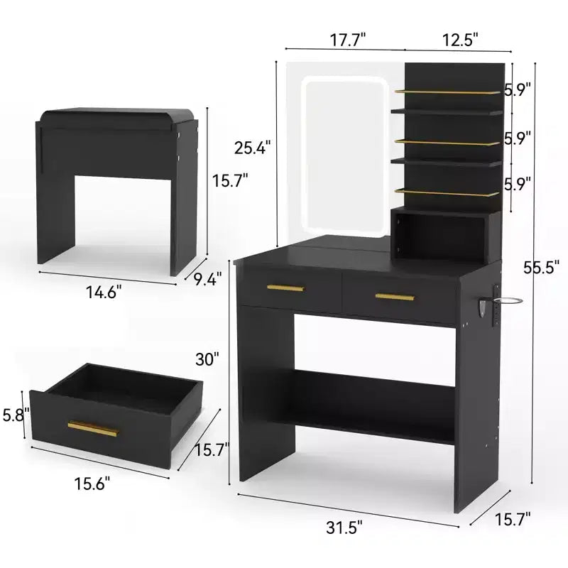Set toeletta con specchio, Mobile trucco con 2 cassetti e ripiani a giorno, Armadietto, Toletta da camera da letto con sedia