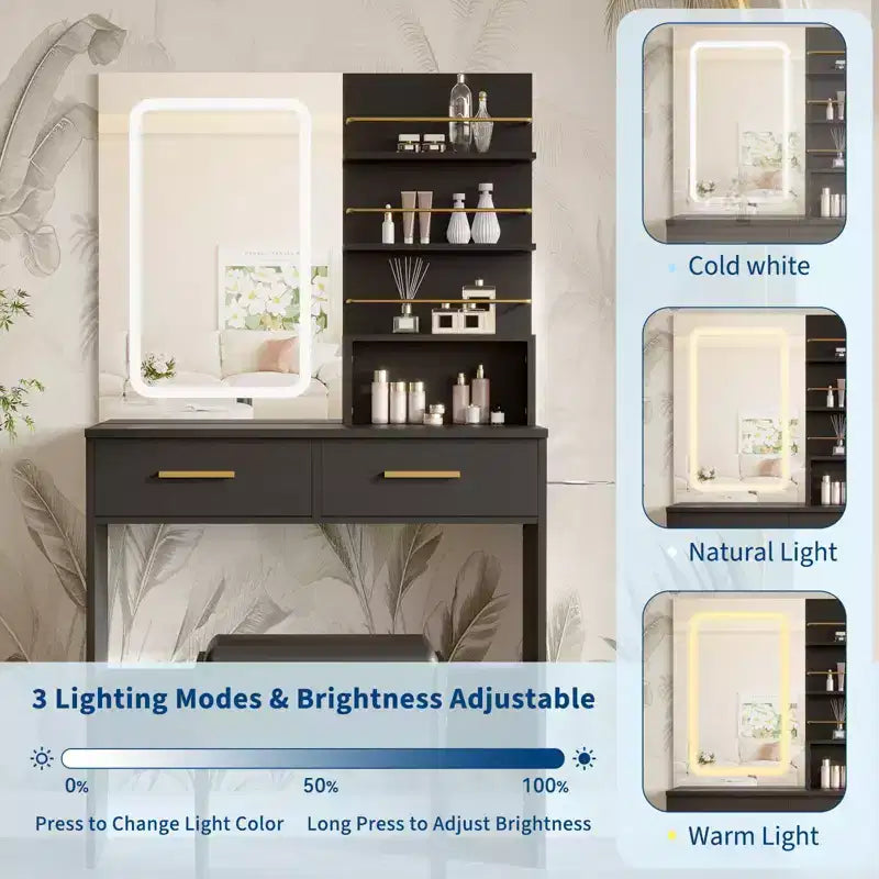 Set toeletta con specchio, Mobile trucco con 2 cassetti e ripiani a giorno, Armadietto, Toletta da camera da letto con sedia