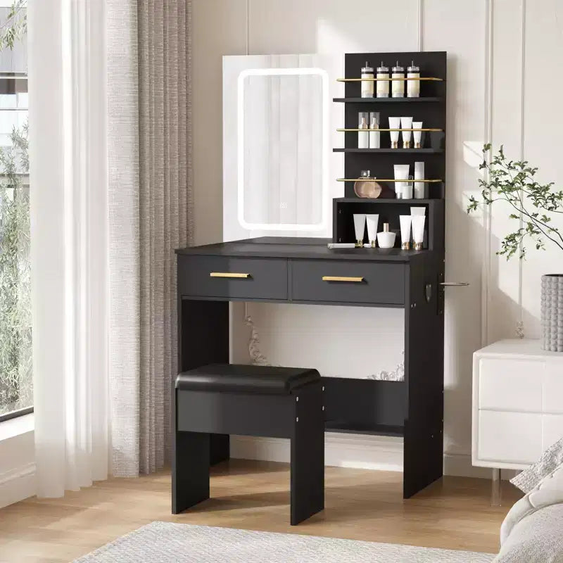 Set toeletta con specchio, Mobile trucco con 2 cassetti e ripiani a giorno, Armadietto, Toletta da camera da letto con sedia