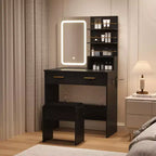Set toeletta con specchio, Mobile trucco con 2 cassetti e ripiani a giorno, Armadietto, Toletta da camera da letto con sedia