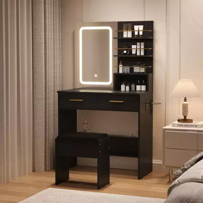 Set toeletta con specchio, Mobile trucco con 2 cassetti e ripiani a giorno, Armadietto, Toletta da camera da letto con sedia