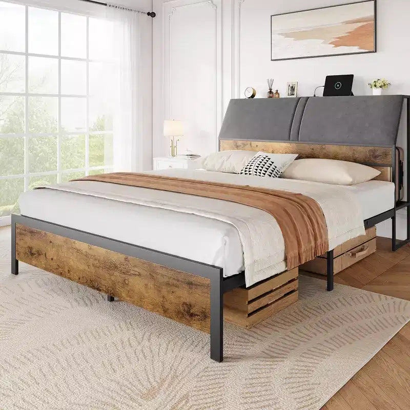 Full Size Platform Bed Frame with Ergonomic Upholstered Headboard, Metal Platform, Noise-Free, No Box Spring Required