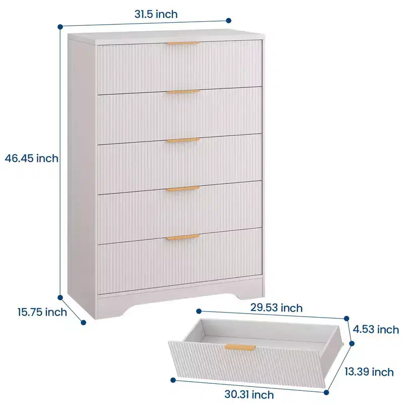 Cassettiera a 5 cassetti scanalata per camera da letto, cassettiera moderna alta 120 cm con maniglie in metallo dorato, cassettiera in legno per armadio, corridoio, ingresso