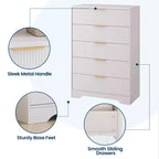 Cassettiera a 5 cassetti scanalata per camera da letto, cassettiera moderna alta 120 cm con maniglie in metallo dorato, cassettiera in legno per armadio, corridoio, ingresso