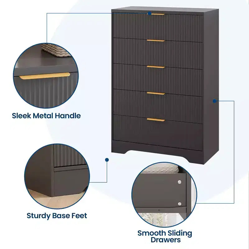Cassettiera a 5 cassetti scanalata per camera da letto, cassettiera moderna alta 120 cm con maniglie in metallo dorato, cassettiera in legno per armadio, corridoio, ingresso