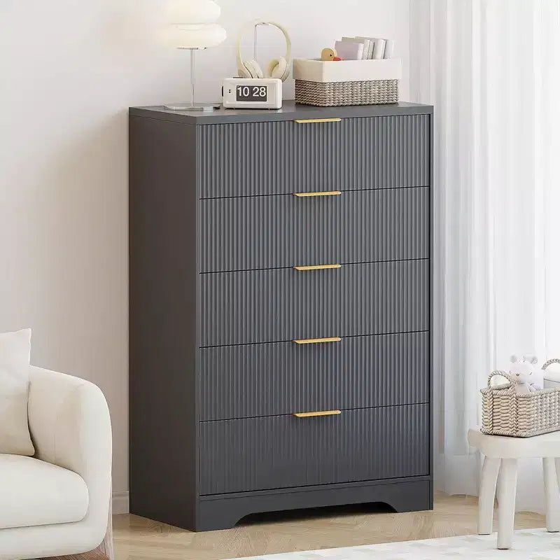 Fluted 5 Drawer Dresser for Bedroom, 47 in Tall Modern Chest of Drawers with Gold Metal Handles, Wood Dresser for Closet, Hallway, Entryway