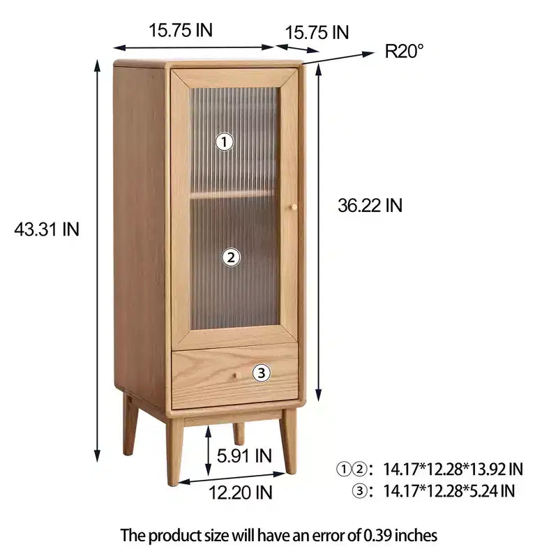 Mobiletto singolo in rovere con anta in vetro e maniglia in ottone, rovere naturale