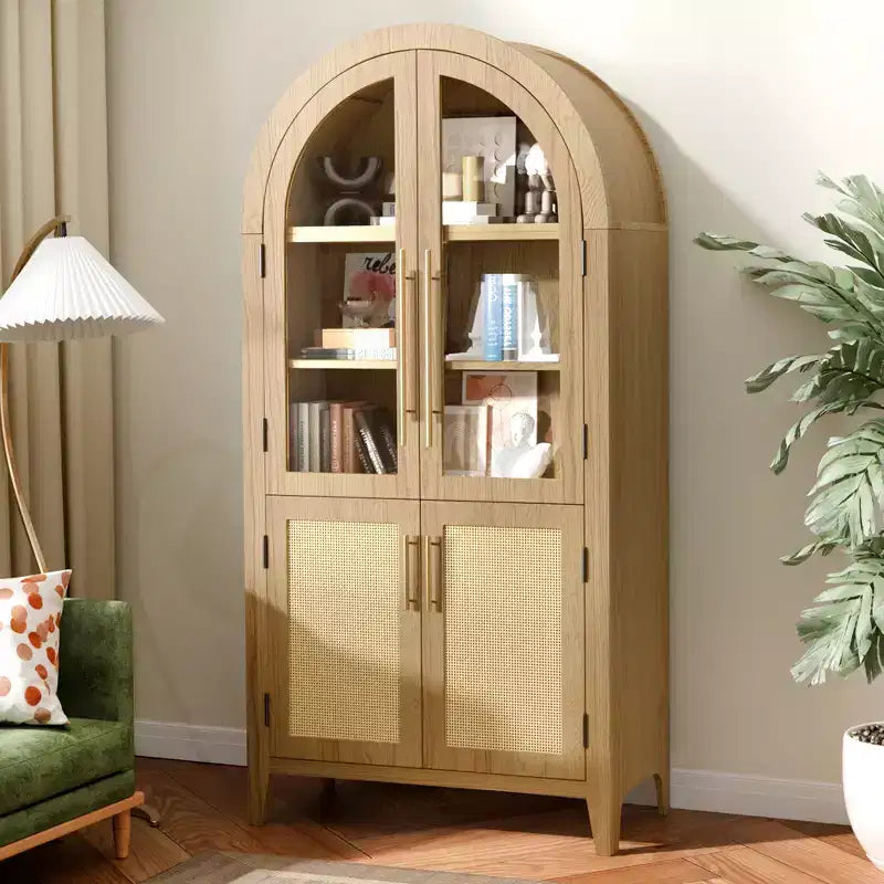 Armadietto contenitore ad arco alto 160 cm con anta in vetro e rattan e ripiano regolabile