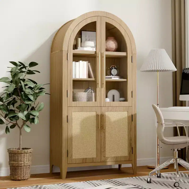 Armadietto contenitore ad arco alto 160 cm con anta in vetro e rattan e ripiano regolabile