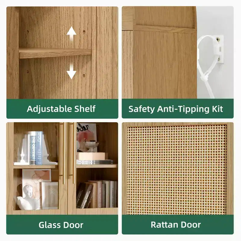 Armadietto contenitore ad arco alto 160 cm con anta in vetro e rattan e ripiano regolabile