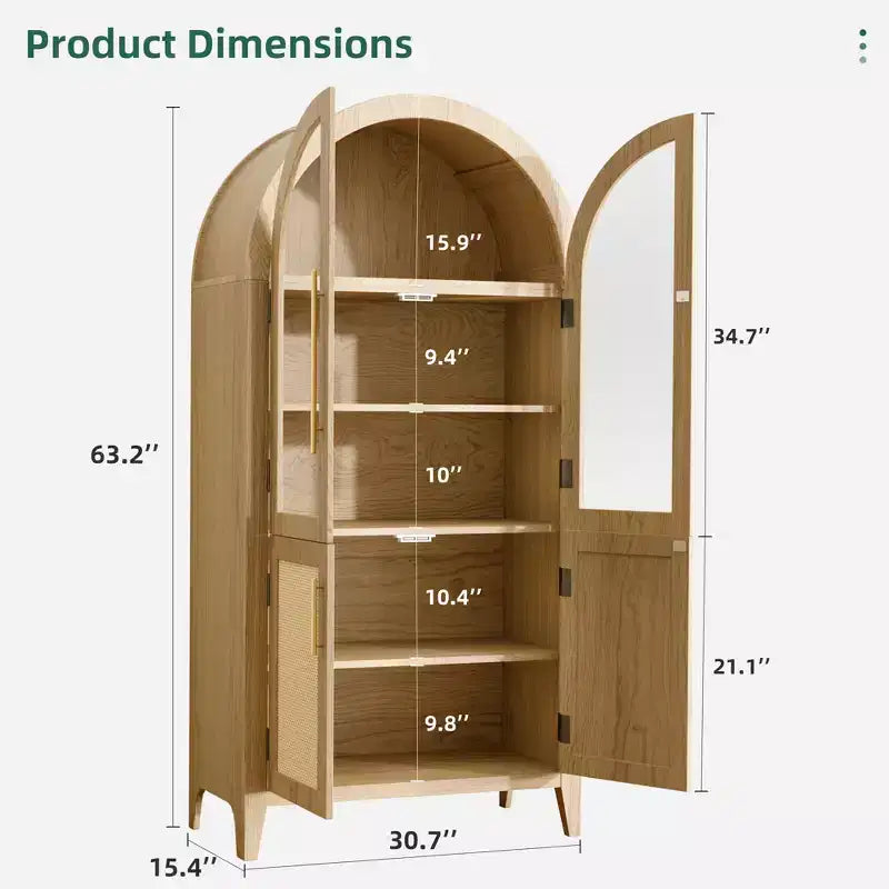 Armadietto contenitore ad arco alto 160 cm con anta in vetro e rattan e ripiano regolabile